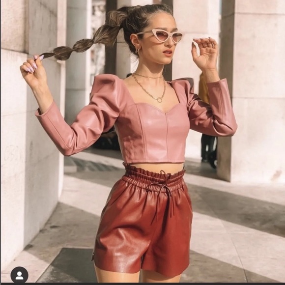 Zara Pink Faux Leather Puff Sleeve Crop Top in Marsala Pink - Picture 2 of 8